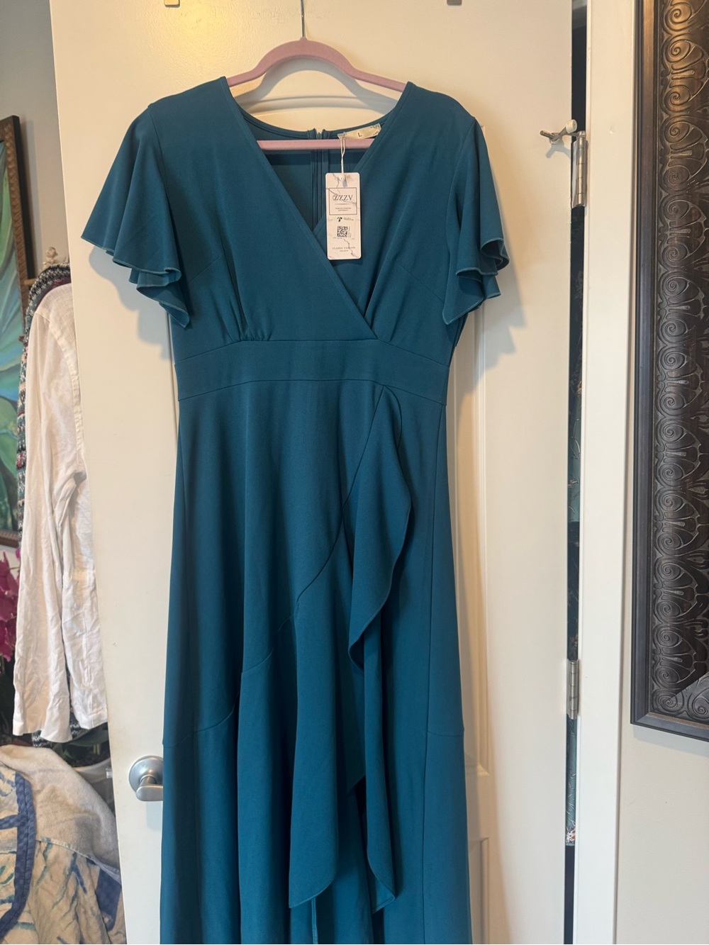 Teal V-Neck Flutter Sleeve Maxi Dress -